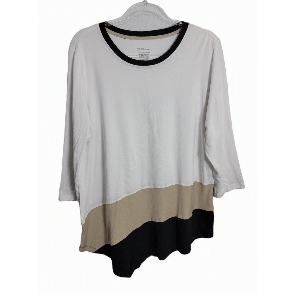 Westbound Womens XL Tunic Top White Tan Black Colorblock Asymmetrical Hem